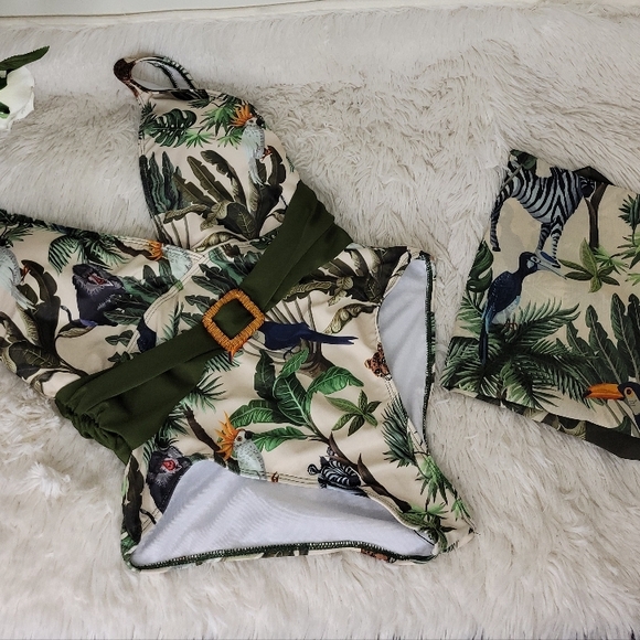 IDOPIP Tropical Print Green and Beige SWIMSUIT with sarong. - Picture 5 of 16